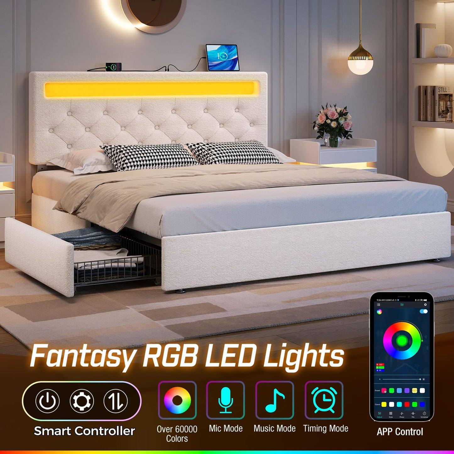 Rolanstar Full Size Bed Frame with Charging Station and LED Lights, Upholstered Bed with Adjustable Headboard and 4 Storage Drawers, No Box Spring Needed, Easy Assembly, White