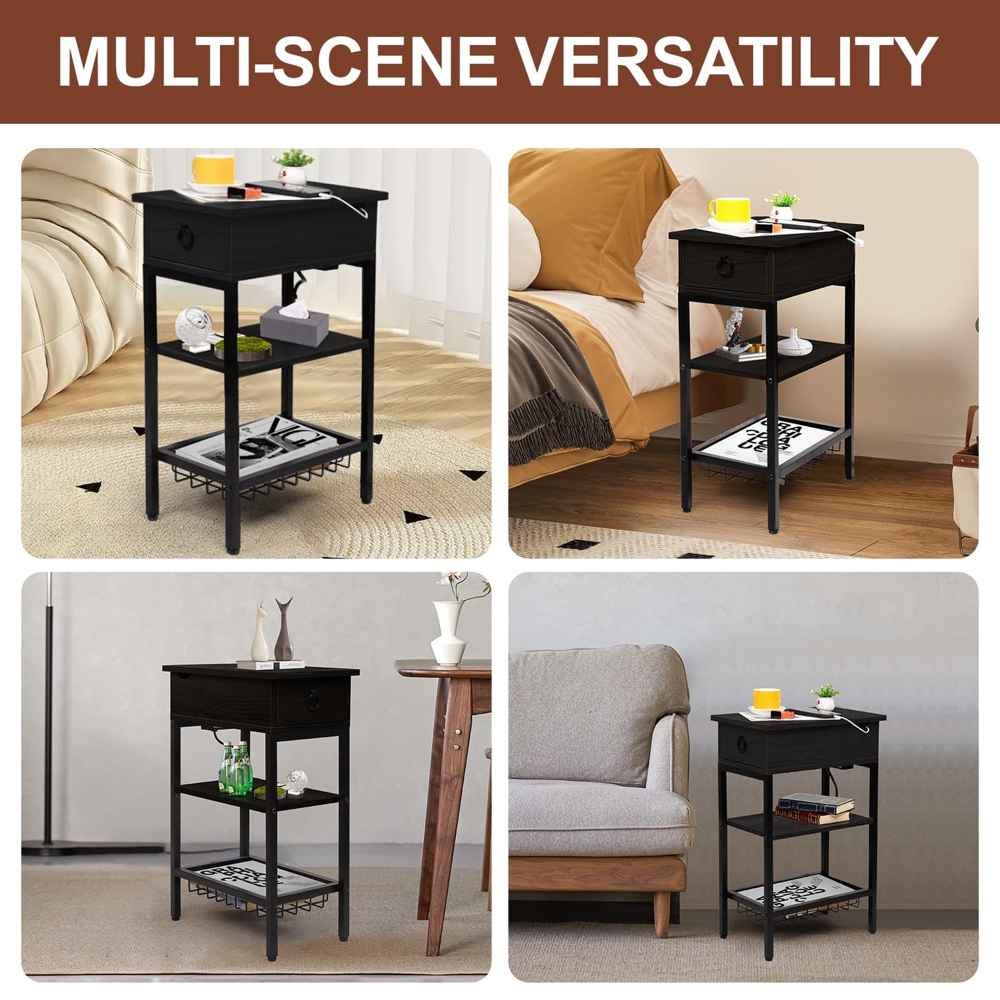 Cazacomzy Small Black Side Table Charging Station for Bedroom, Narrow Black Living Room End Tables with Storage, Skinny USB Nightstand with Outlet, Gaming Coffee Table for Couch with USB Ports