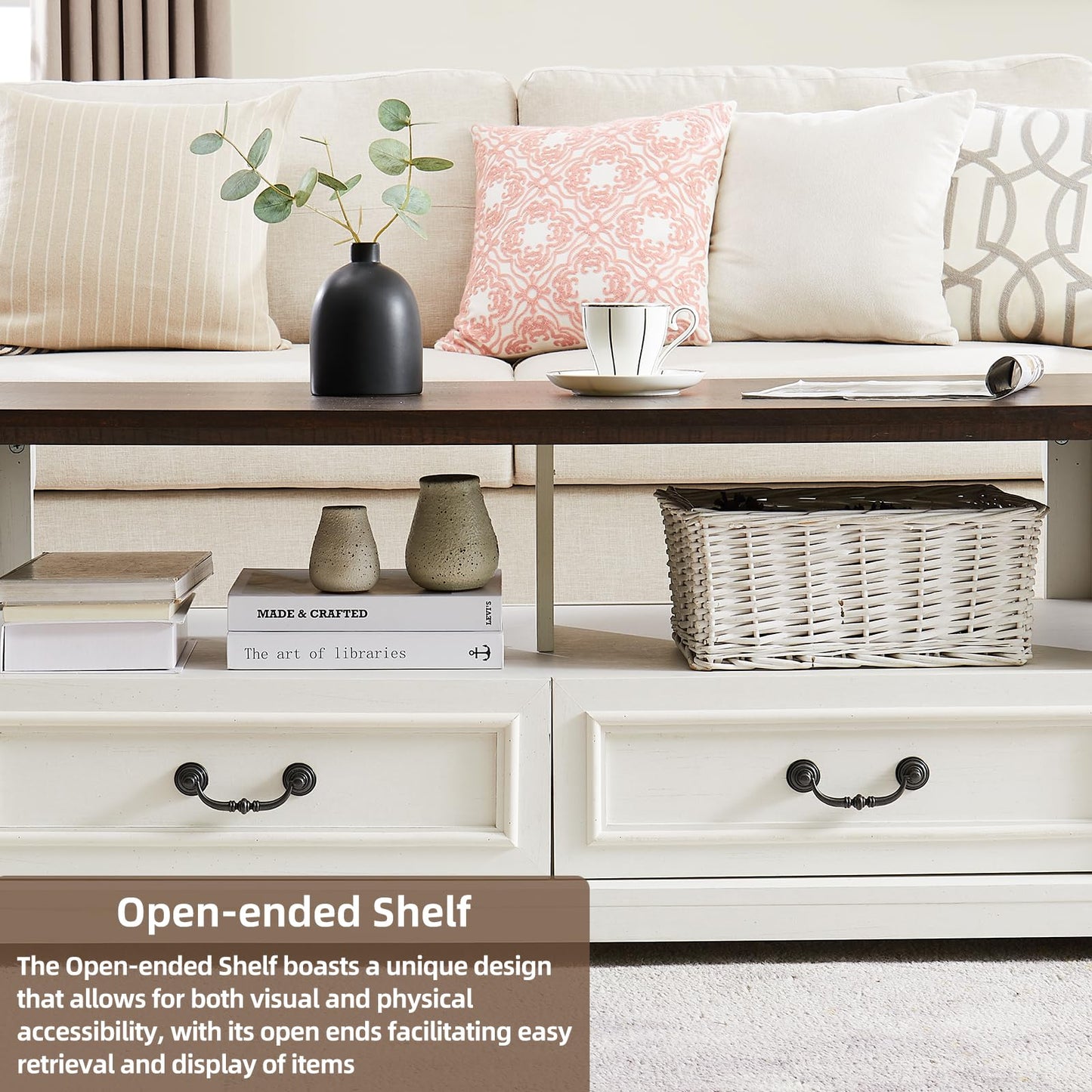 Minifeel 48'' Wood Coffee Table for Living Room, Farmhouse Coffee Table with Storage, Rustic Center Table for Living Room with 4 Drawers, Farmhouse & Industrial Cocktail Table for Home