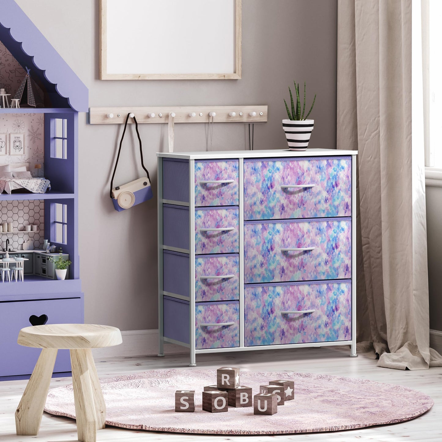 Sorbus Kids Dresser with 7 Drawers - Storage Chest Organizer Unit with Steel Frame, Wood Top & Handles, Tie-dye Fabric Bins for Clothes - Wide Furniture for Bedroom Hallway Kids Room Nursery & Closet