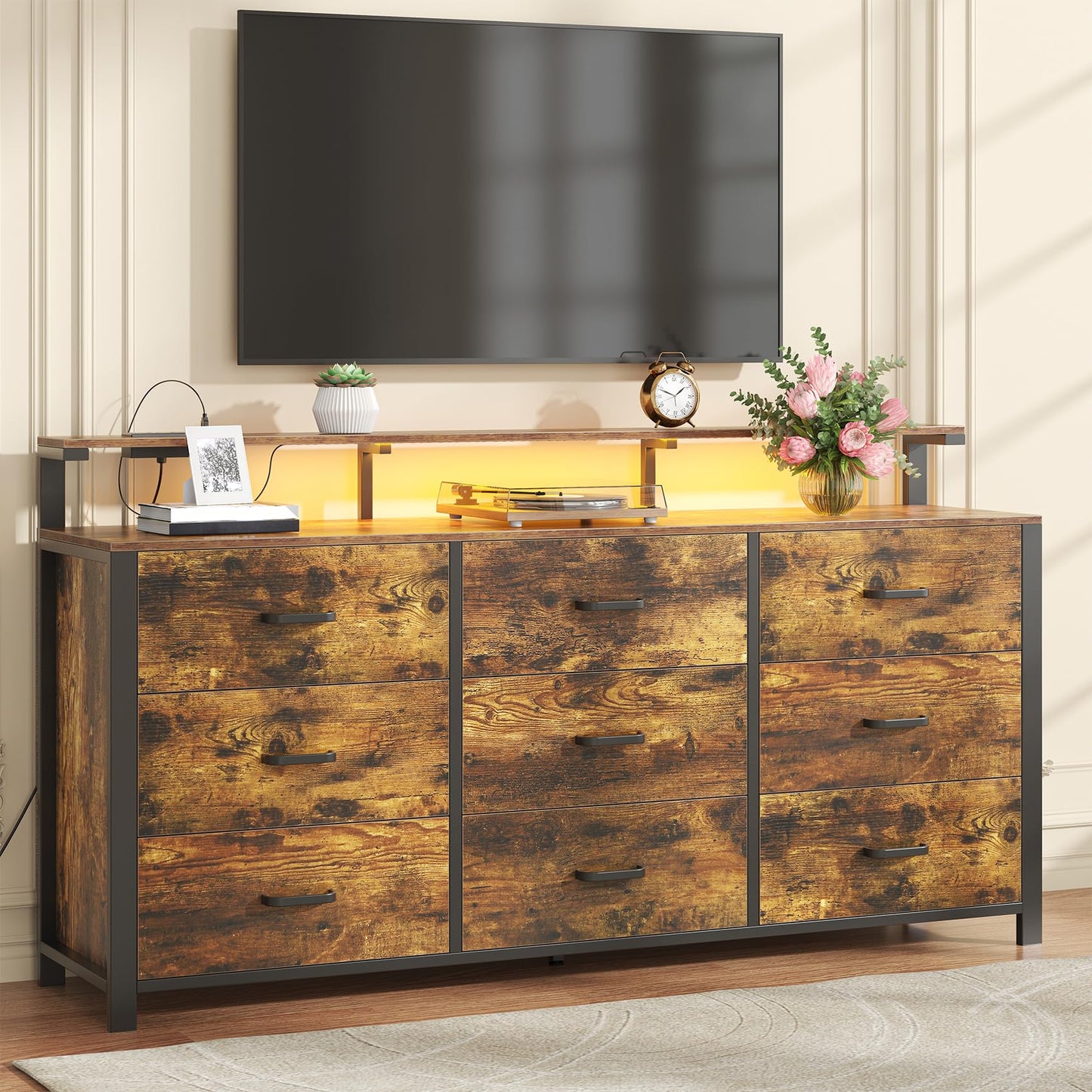 Frmobepts 63'' Rustic Brown Dresser for Bedroom, 9 Drawer Dresser with Power Outlet and Led Lights, Bedroom Furniture with Wooden Drawer and Metal Frame, TV Stand with Deep Drawer Storage