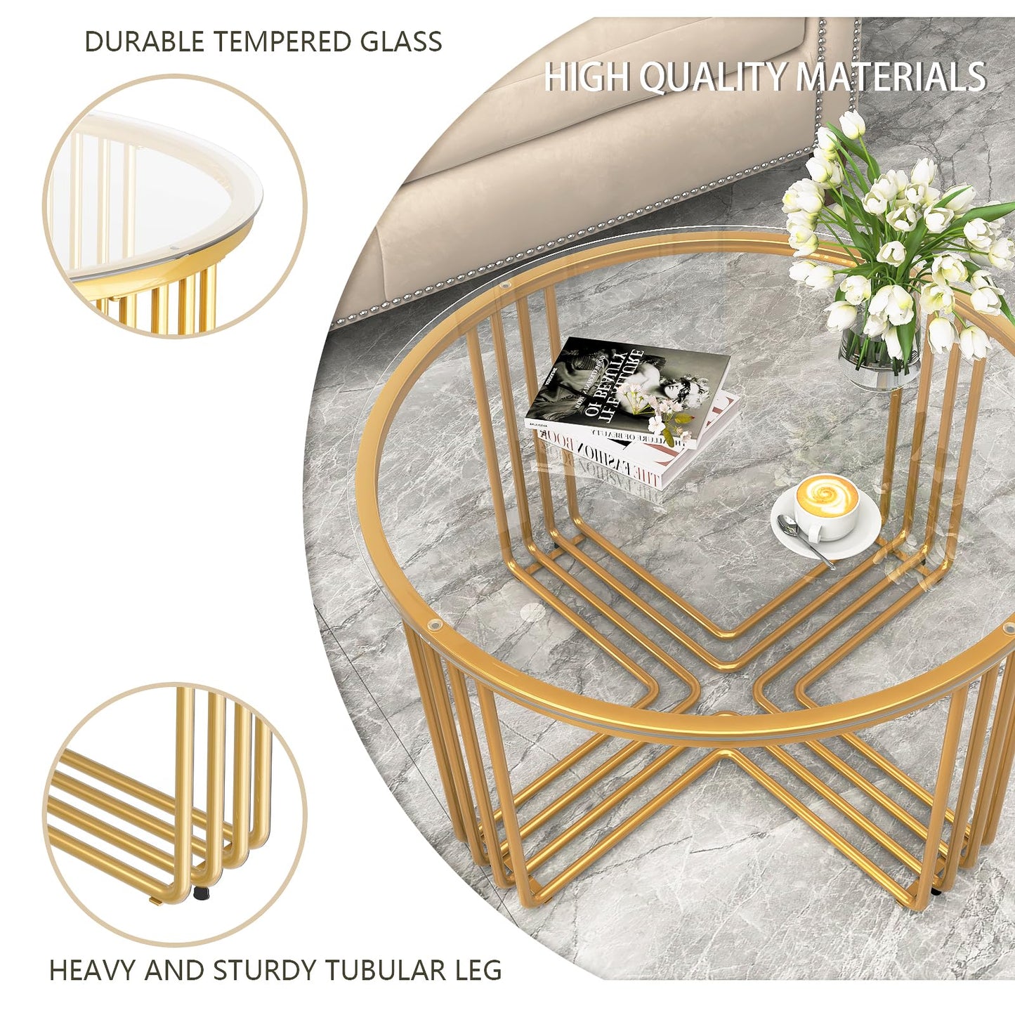 Esucllc Round Coffee Table, Glass Coffee Tables for Small Space, Modern Center Table for Living Room, Sofa Side Table with Metal Steel Frame, Circle Coffee Table for Home, Office, Apartment, Gold