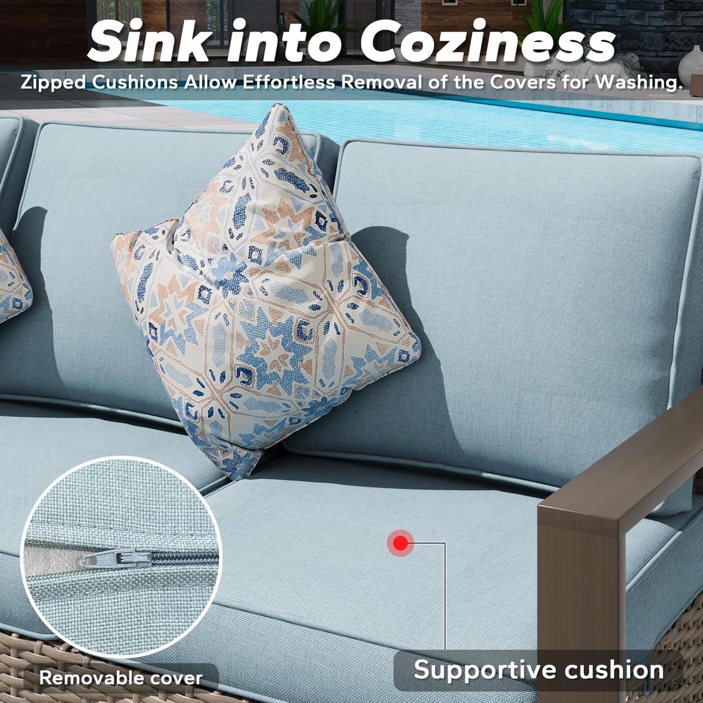 MeetLeisure 75" Patio Metal Wicker Sofa, All Weather Outdoor Rattan 3-Seat Sofa Couch with Premium Cushions & Rectangular Framed Wood-Looking Metal Armrest for Garden Backyard Porch Deck, Baby Blue