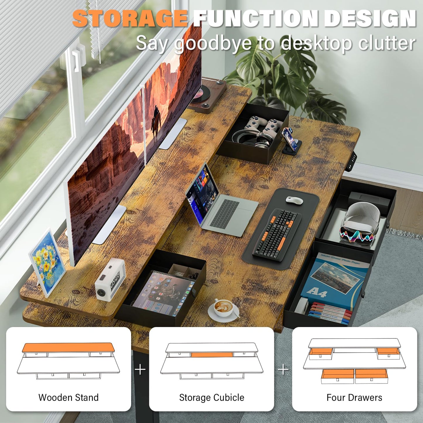 Electric Standing Desk with Drawers & USB Charging Port, 63''x 30''Adjustable Height Sit Stand Up Widened Desktop Desk, Computer Office Desks with Storage for Home Workstation, 3 Memory Height Preset