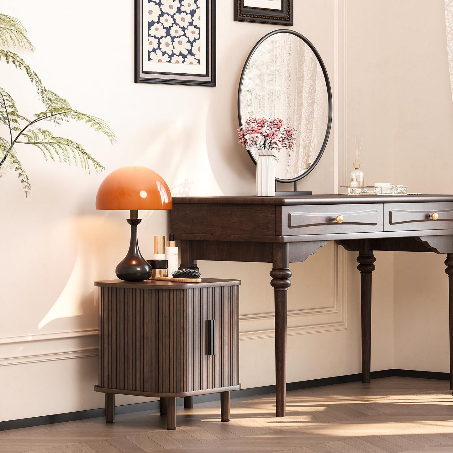 Espelism Fluted End Table with Sliding Tambour Door, Mid-Century Modern Bedside Table with Storage, Small Nightstand for Bedroom Living Room Side Table