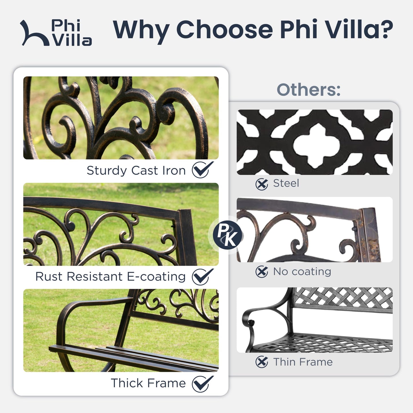 PHI VILLA 50" Garden Bench Outdoor Bench Patio Bench for Outdoors Metal Porch Steel Frame Furniture for Yard
