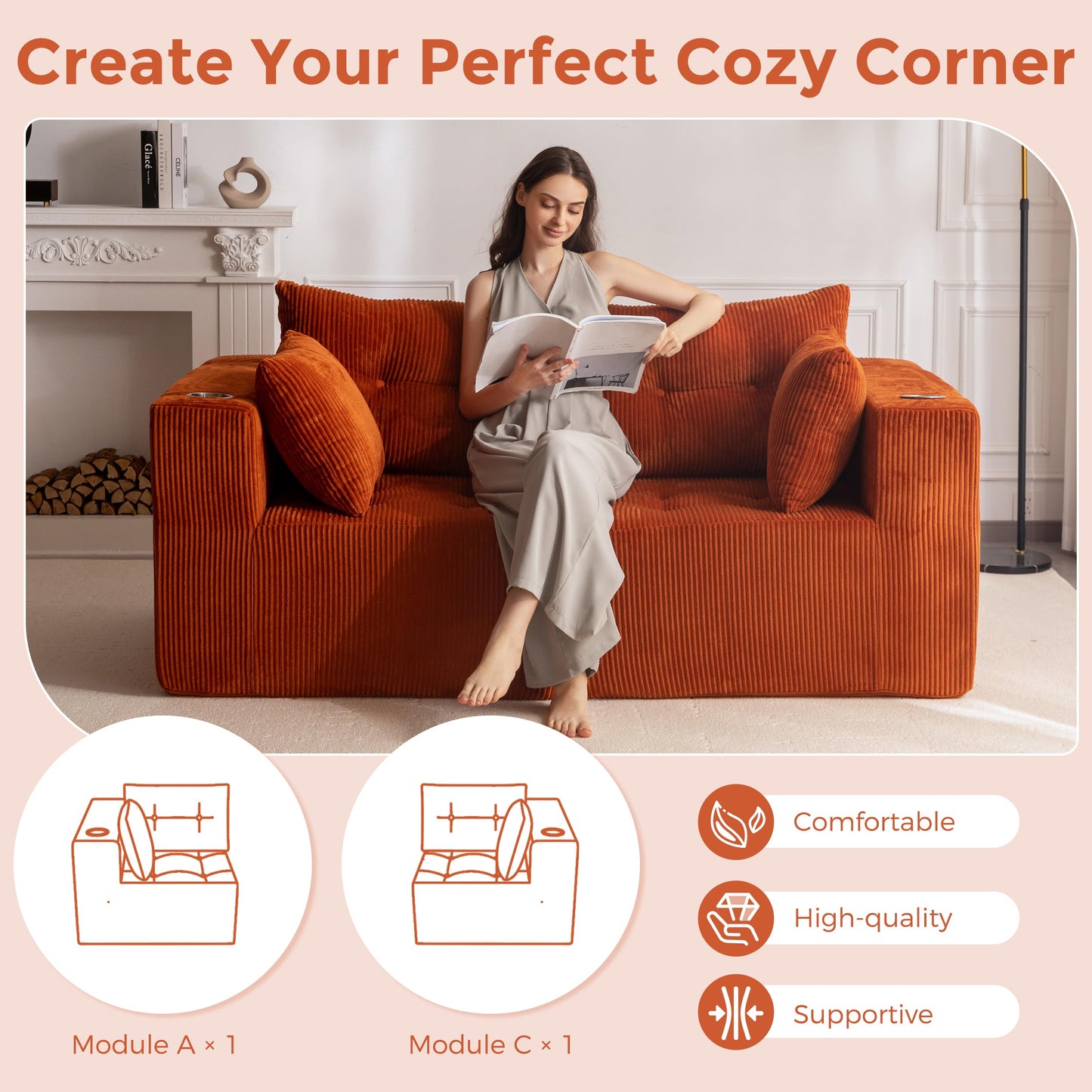 MAXYOYO Modular Sectional Sofa Couch, Loveseat Boneless Cloud Couch for Living Room, Sofa in A Box, Upholstered Cozy Chair with Tufted Craft, No Assembly Required, Orange