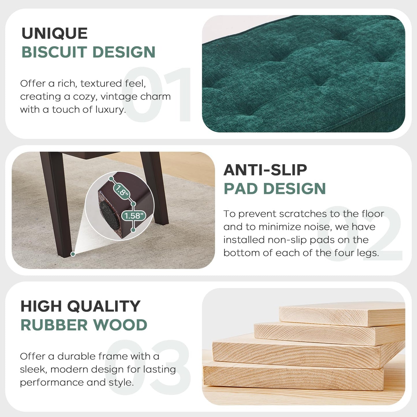 Entryway Bench, 47.2" End of Bed Bench, Chenille Benches for Bedroom Ottoman Bench with Padded Seat, Tufted Upholstered Indoor Bench with Rubber Wood Legs for Living Room, Mudroom, Hallway, Green