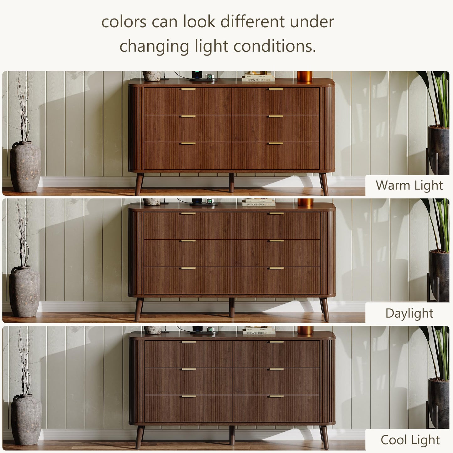 Fluted 6 Drawer Dresser with Charging, 57" Wide Wood Dresser TV Stand, Mid Century Modern Long Dressers with Curved Profile Design for Closet, Bedroom Living Room, Hallway, Entryway, Home Office