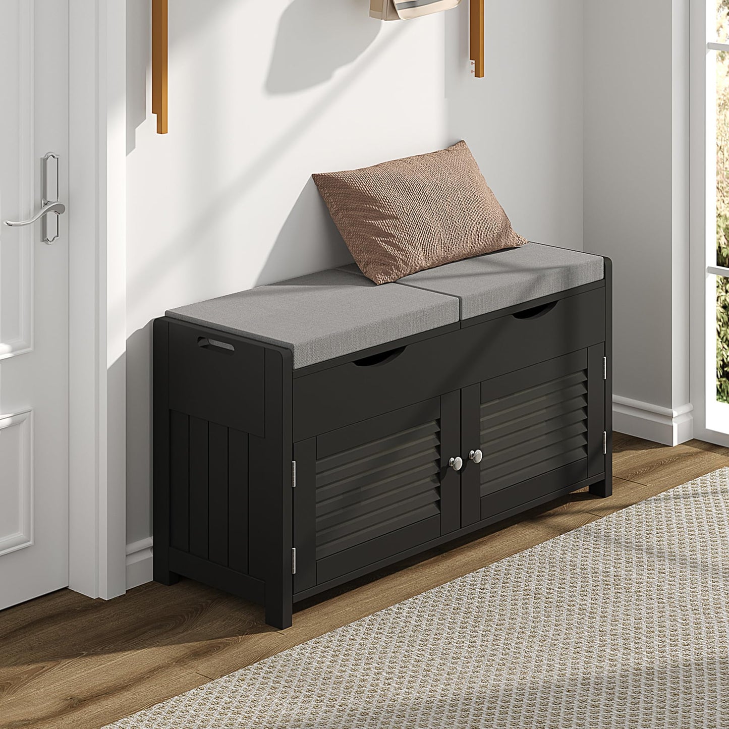 ChooChoo Shoe Storage Bench with Lift Top Storage, Entryway Bench with 2 Cushioned Seats, 3 Compartments, Adjustable Shelf, Shoe Cabinet for Entryway, Bedroom, Living Room, Black