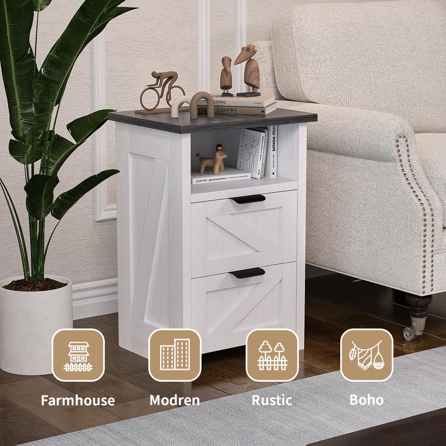 AURINEST Farmhouse Night Stand Set of 2, Bed Side Table with 2 Drawers and Storage Shelf, Rustic White End Table for Bedroom, Living, Entryway, Office, Dorm, Small Spaces, White