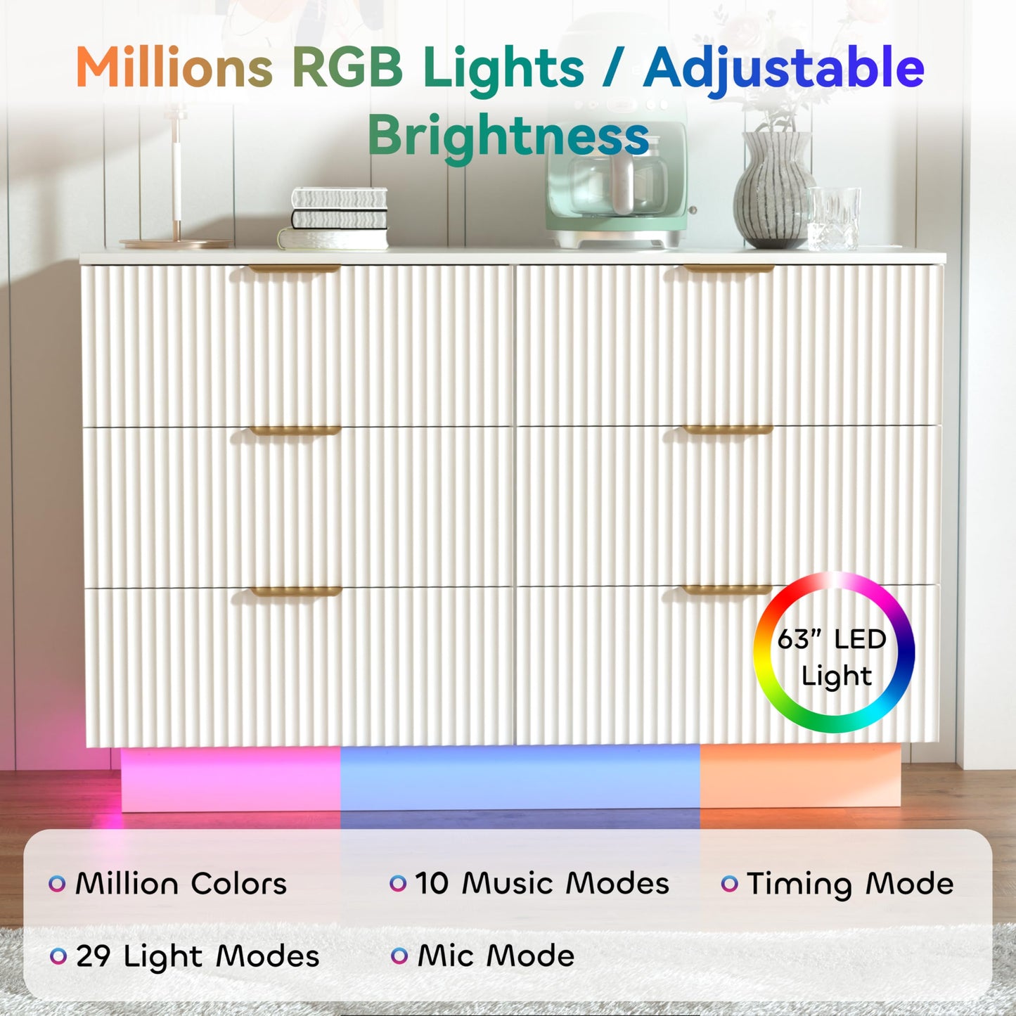 Fluted Dresser for Bedroom with 6 Drawers, 47" Wide Chest of Drawers with LED Light and Charging Station, Wood Drawer Organizer for Bedroom, Living Room, Hallway, Entryway