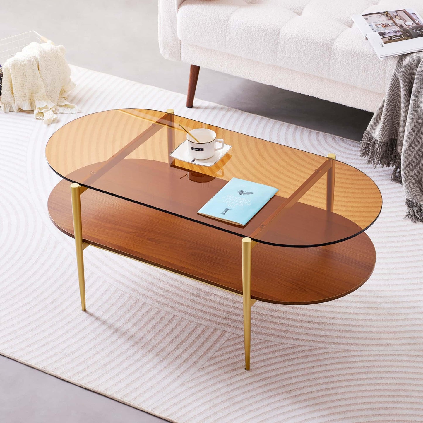 LumFurn Oval Glass Coffee Table, Mid-Century Modern Design, L41 x W21 x H17 inch, for Living Room, 2-Tier Structure, Amber Glass Top and Walnut Finish Wood Shelf, Conical Legs with Gold Finish Frame