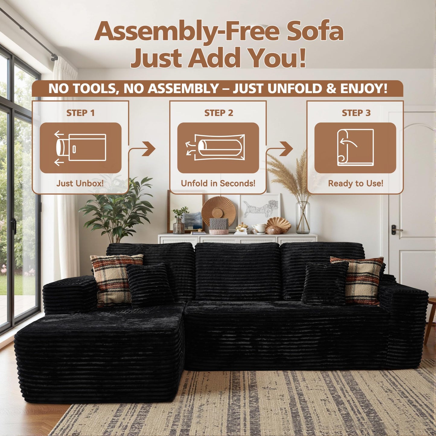 CAODOC 104" Cloud Sectional Couch with Comfy Chaise, Boneless L Shape Sofa with Deep Seat, Minimalist Modular Couches Sleeper for Living Room Bedroom Apartment Lounge,Black