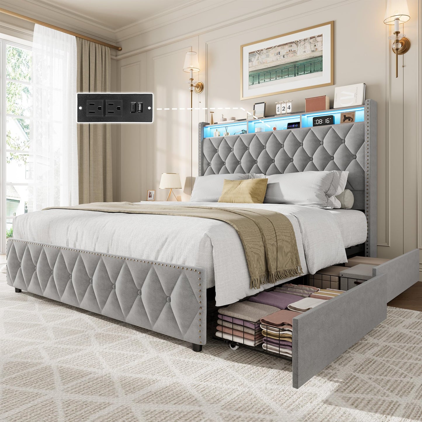 GarveeHome Queen Bed Frame with 50.8" Tall Headboard, Platform Velvet Upholstered Bed Frame with 4 Storage Drawers, USB Charging Station, Led Lights, No Box Spring Needed, Easy Assembly, Dark Grey