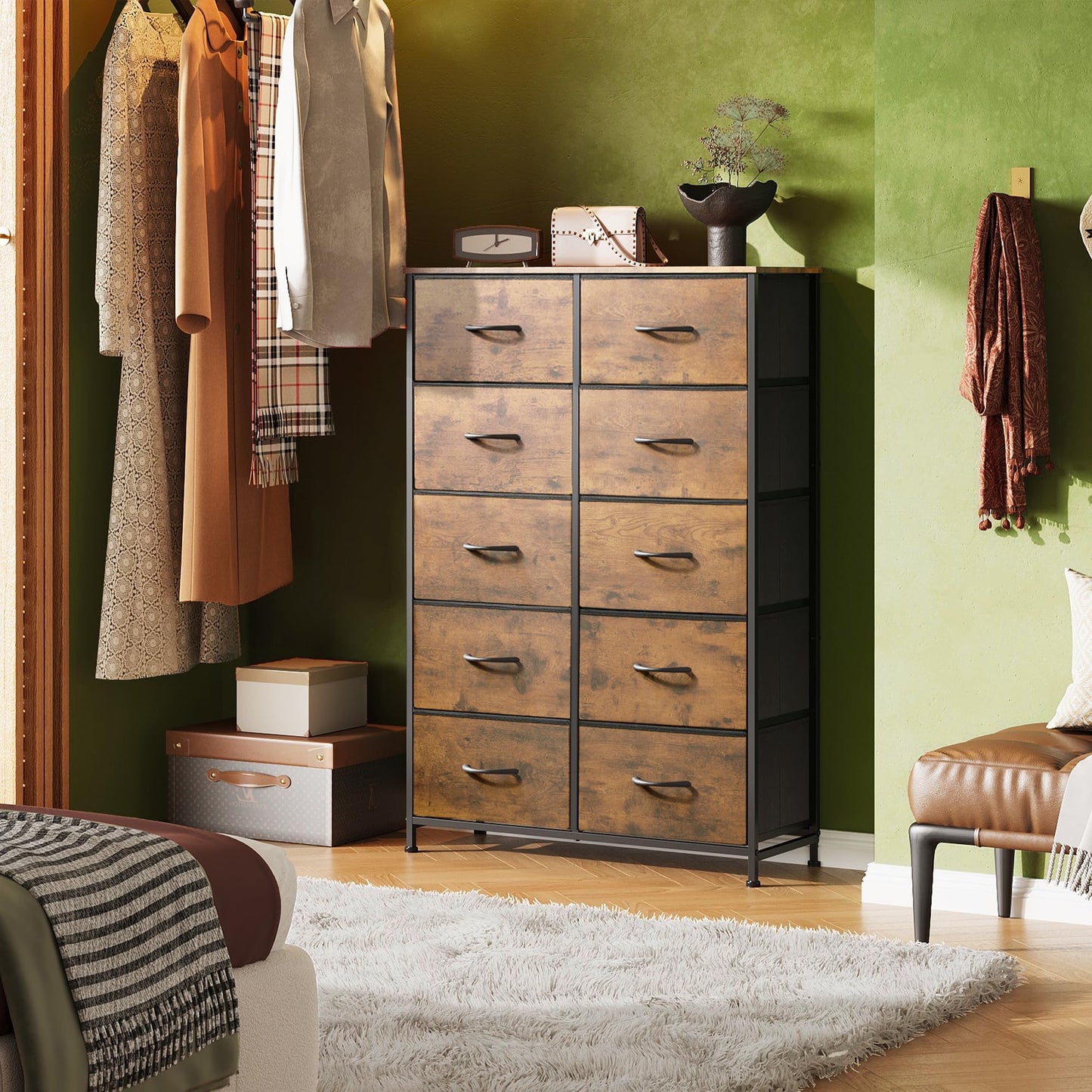 WLIVE Tall Dresser for Bedroom with 10 Fabric Drawers, Organizer Units for Closet, Storage Tower with Cabinet, Metal Frame, Rustic Brown Wood Grain Print Dressers