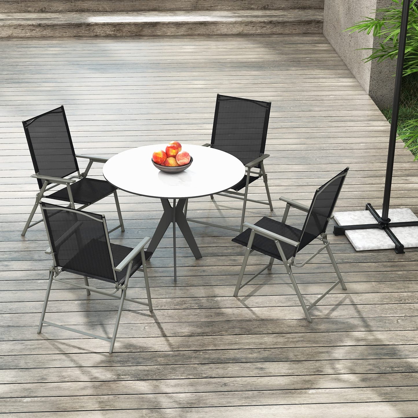 Tangkula Set of 4 Patio Folding Chairs, High Back Dining Chairs with Weather-Resistant Fabric, No Assembly, Outdoor Portable Metal Lawn Chairs with Armrests & Footrest for Garden