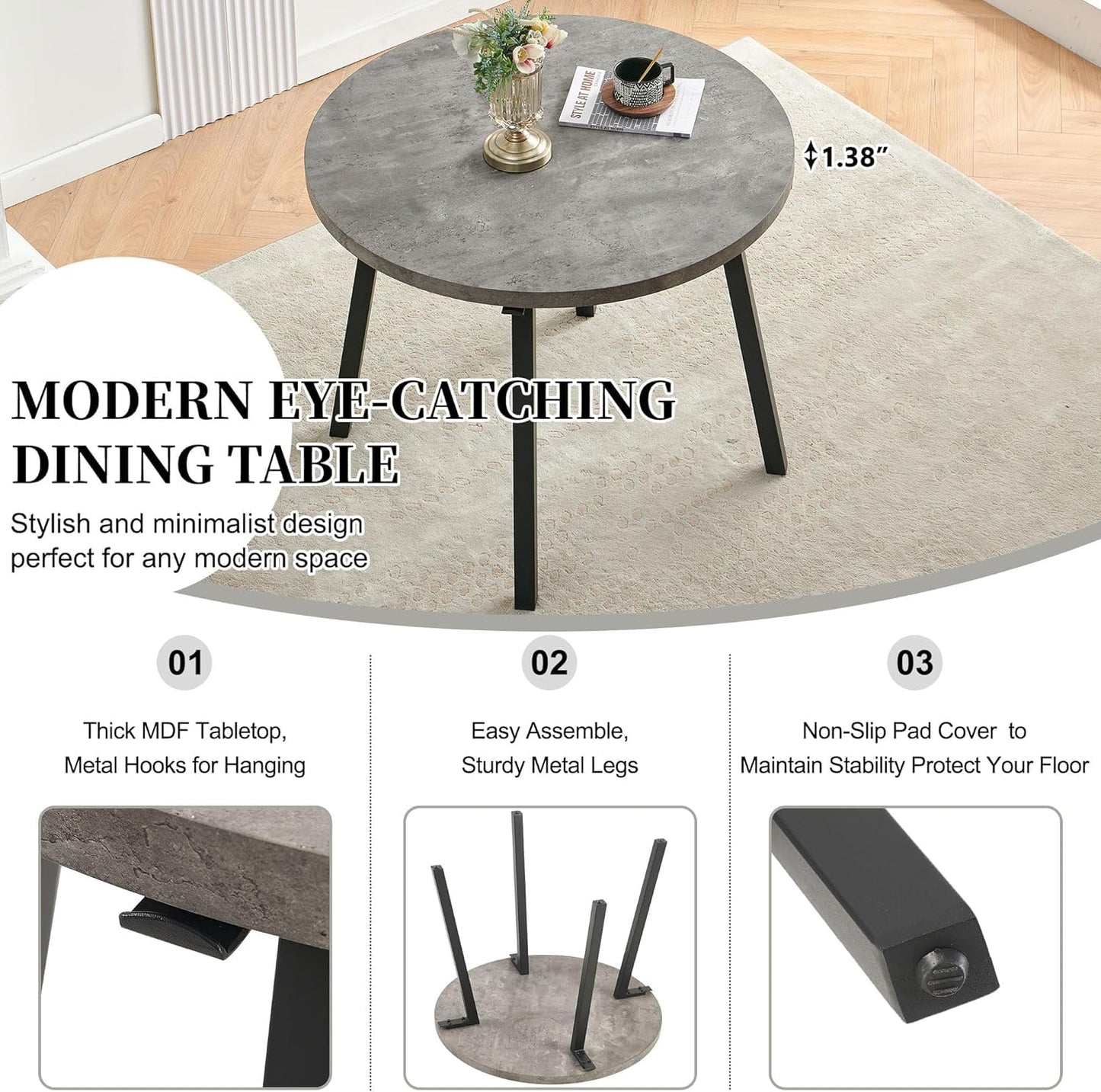 Pandolfini Round Dining Table Set for 4, Modern 37 Inch Dining Table and Chairs, Grey Engineered Wood Kitchen Table with PU Leather Dining Chairs for Dining Room, Living Room, Brown