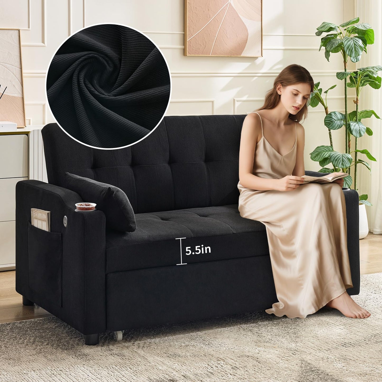 PeacefulHues Sofa Bed Couch, Futon Sleeper Couches with Pull Out Bed, USB Convertible Sofa Cama for Small Spaces, Living Room or Rv 3 in 1 Loveseat Furniture That Turns into Lounge Recliner