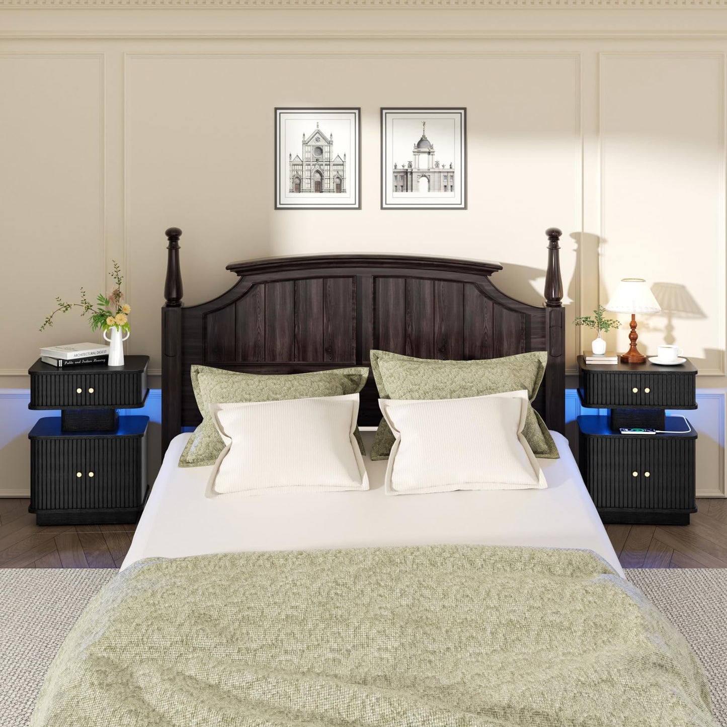 Night Stand, LED Nightstand, Bedroom Night Stand with Charging Station, 2 Drawer Nightstand, Modern Nightstands with Curvy Edge and Sliding Door, Small Bedside Table for Bedroom, Black