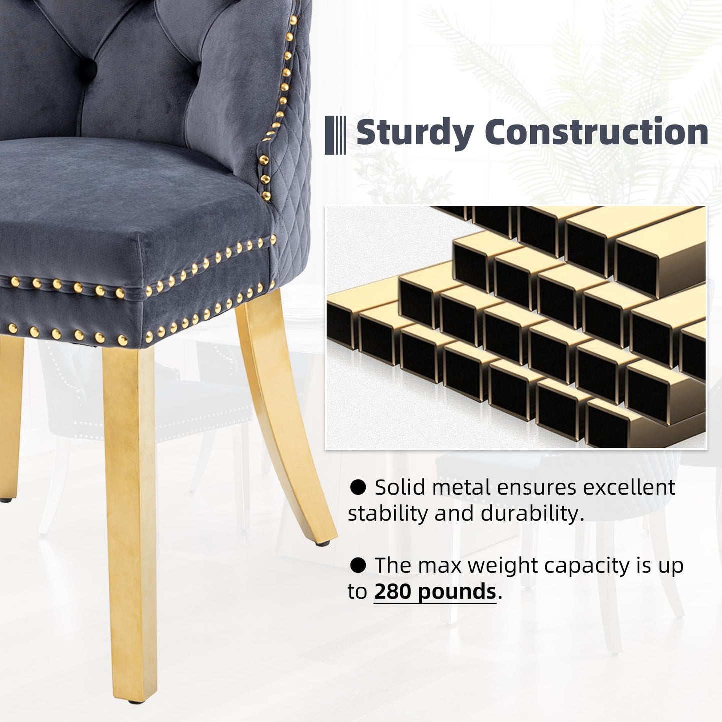 GOOLON Velvet Dining Chairs Set of 6, Upholstered Dining Room Chairs, Mid-Century Modern Chairs with Diamond Lattice Tufted Back, Lion Pull Ring Rivet Trim, Golden Metal Legs for Kitchen, Dark Grey