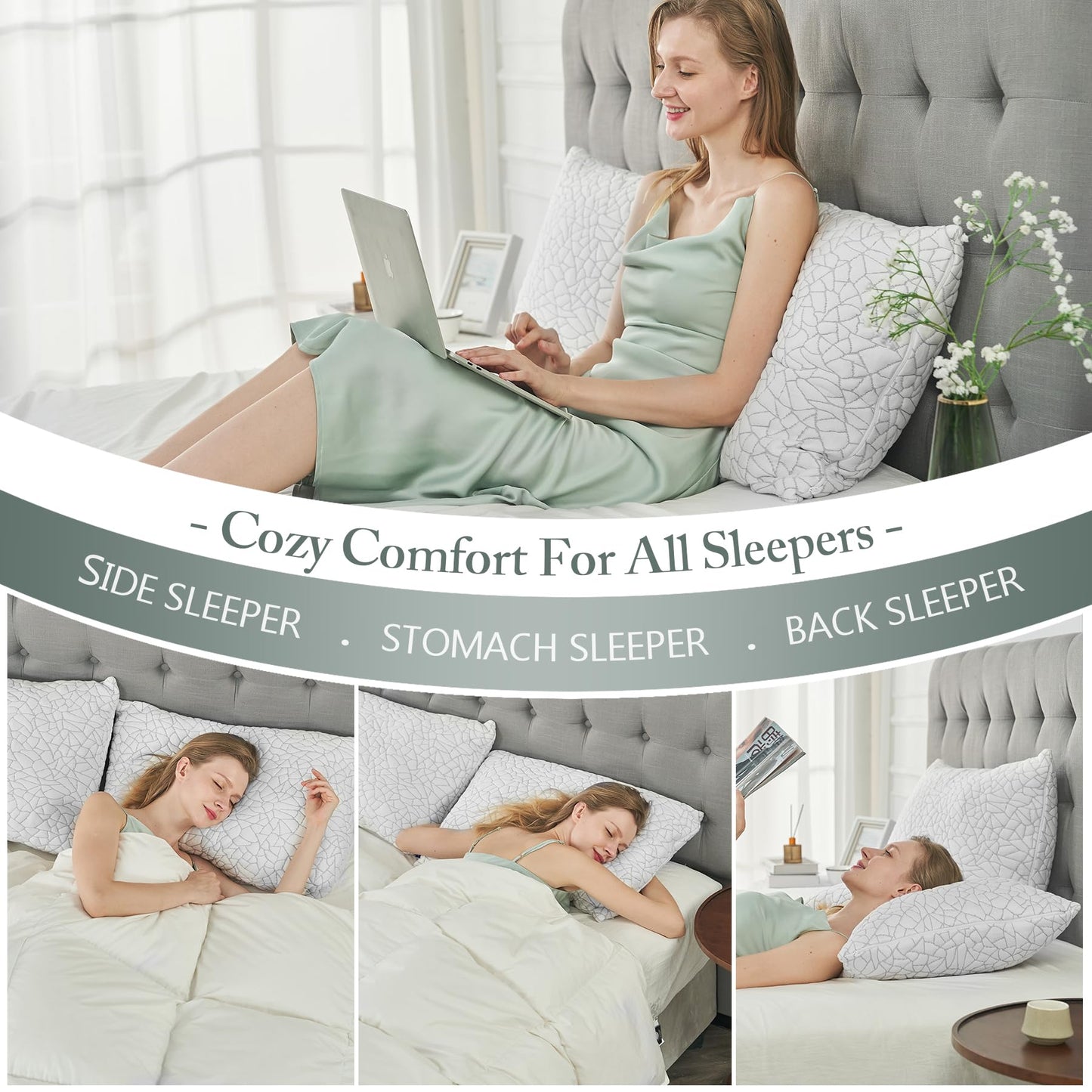 BPC Premium Rayon Derived from Bamboo Pillows Queen Size Set of 2 - Adjustable Shredded Memory Foam Pillow with Removable Cover Firm Pillow for Side Stomach and Back Sleepers, CertiPUR-US