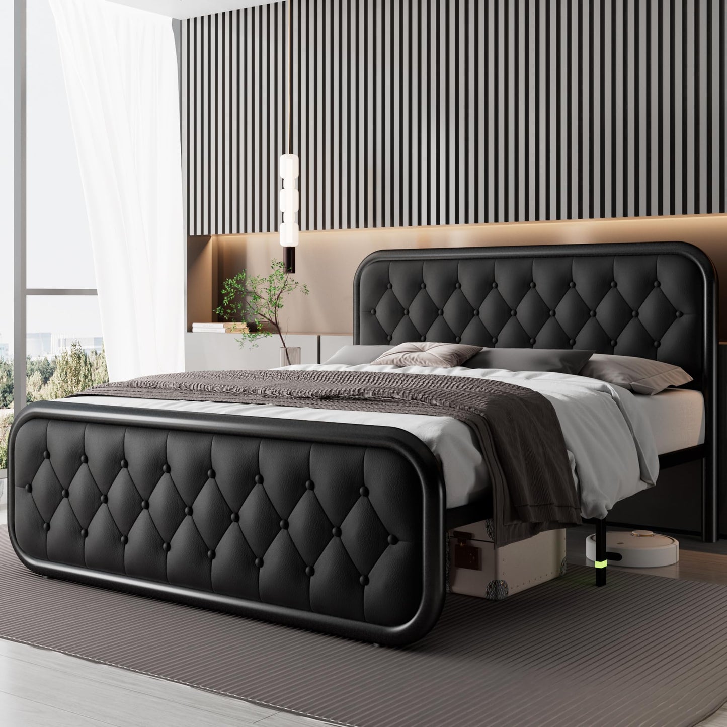Feonase Queen Size Bed Frame, Heavy Duty Bed Frame with Faux Leather Headboard, Upholstered Platform Bed with Strong Metal Slats, 12" Under-Bed Storage, Noise-Free, Easy Assembly, Black