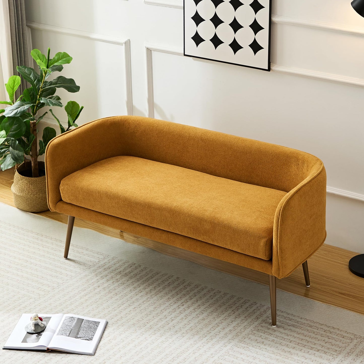 Forshare Bedroom Bench and Entryway Bench with Low backrest and armrests, Yellow Fabric,Inside Sturdy Metal Frame