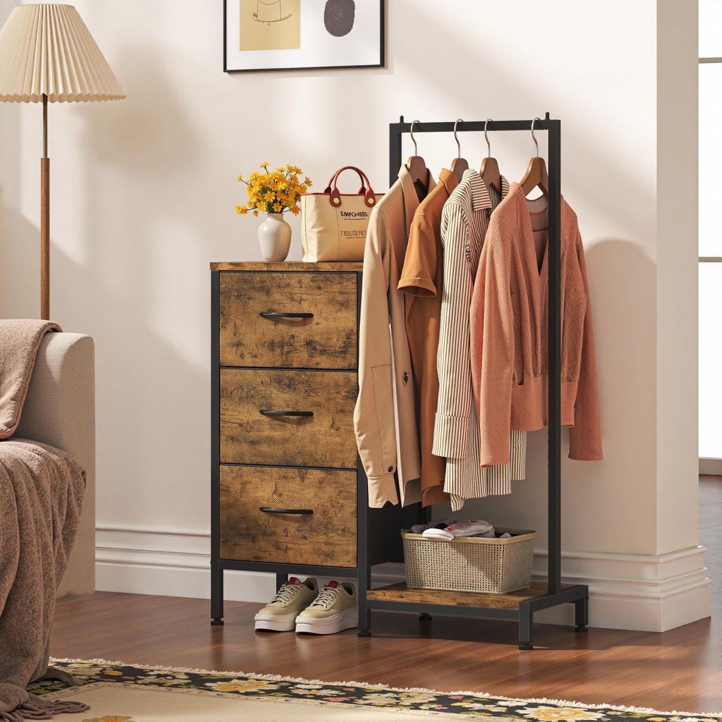 AFLUI Dresser for Bedroom with Hanging Rack, 3 Drawers Dresser for Bedroom - Rustic Brown