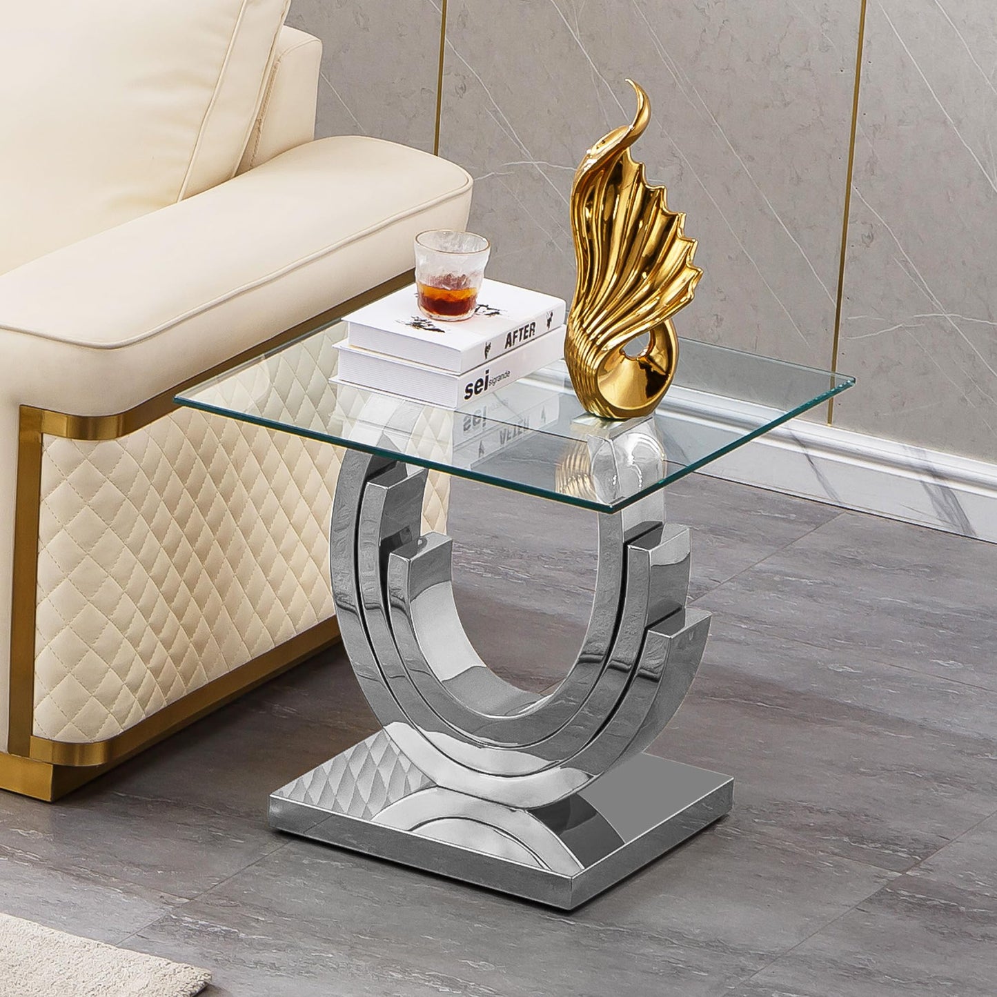 Pvillez Glass End Table with Silver Ring-Shaped Stainless Steel Base, Sqaure Sofa Side Table for Living Room, Clear Glass Accent End Tables Bedside Tables Nightstand for Bedroom Home Office