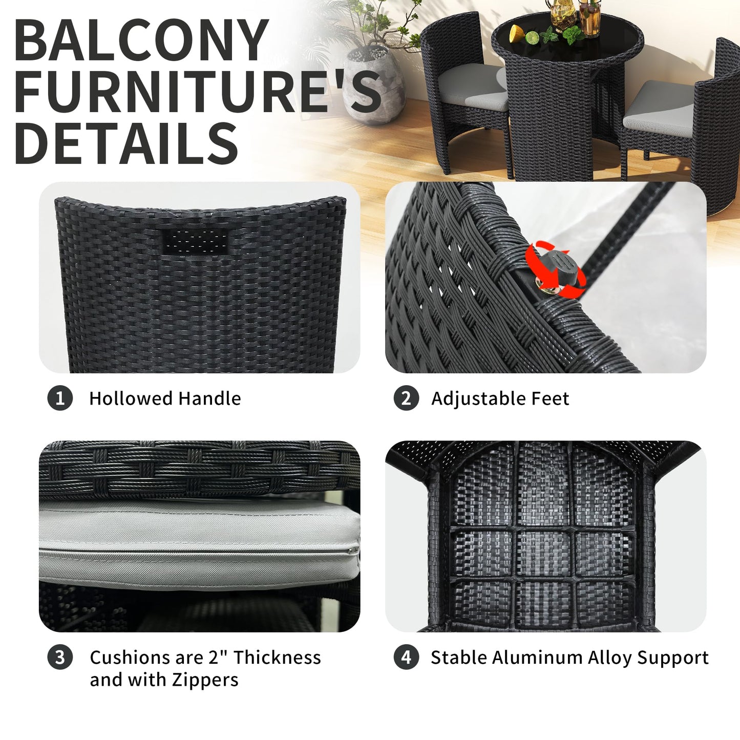 TWT 3 Pieces Fully Assembled Aluminum Outdoor Patio Bistro Set All-Weather Wicker Patio Furniture with Tempered Glass Table & Patio Chairs for Poolside Porch Deck Apartment Black
