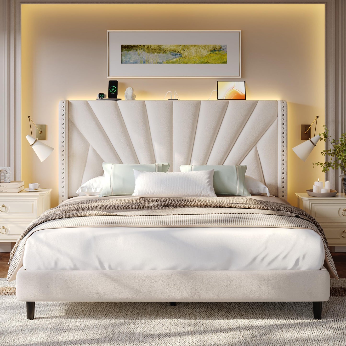 EnHomee Queen Bed Frame with 51" Velvet Upholstered Headboard, Platform Bed with Charging Station and LED Lights, Wingback Headboard, No Box Spring Needed, Noise-Free, Beige