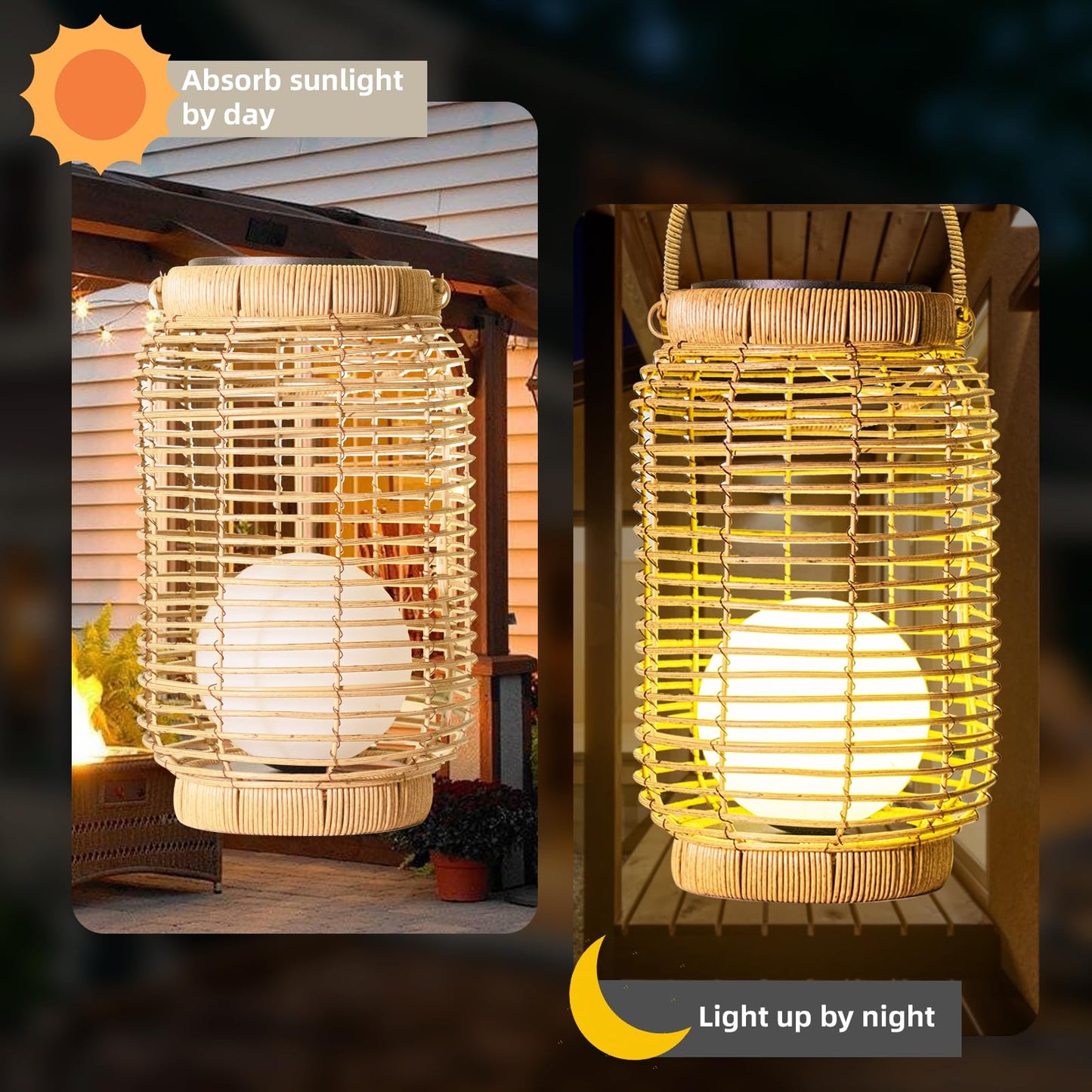 Louxiar Solar Lantern Outdoor Waterproof, Large Hanging Solar Lights Natural Woven Rattan, 12" H Solar Powered Decorative Lantern with Handle for Gardens Patios Pathways Outside Tabletop Decor