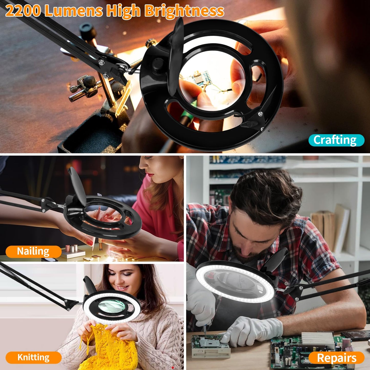 HITTI 10X Long Magnifying Glass with Light and Stand, 2200 Lumens Dimmable Bright LED Lighted Magnifier, Ajustable Swing Arm Magnifying Desk Lamp with Clamp, Hands Free for Hobby Repair Workbench