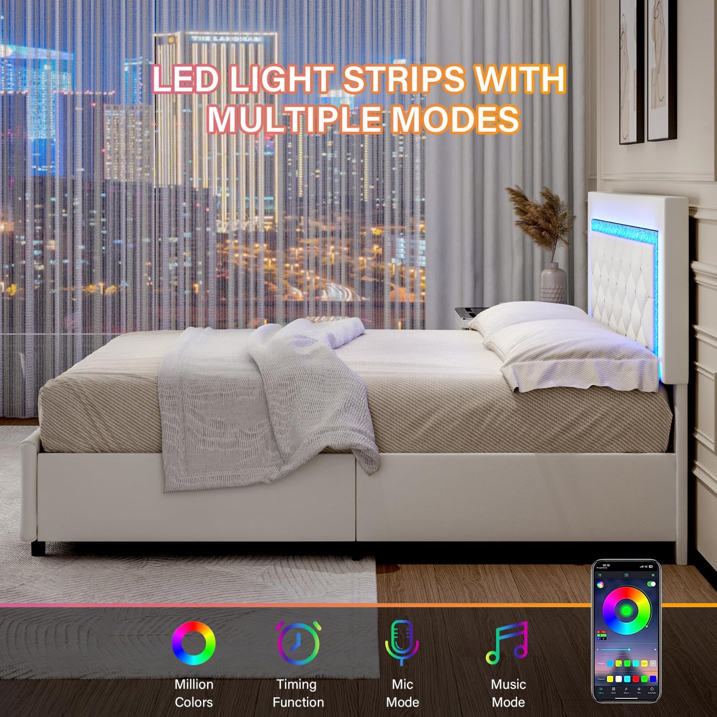 King Size Bed Frame with LED Lights and Storage Drawers, Upholstered Platform Bed with Diamond Tufted Headboard, Wooden Slats Support, No Box Spring Needed, Easy Assembly, White