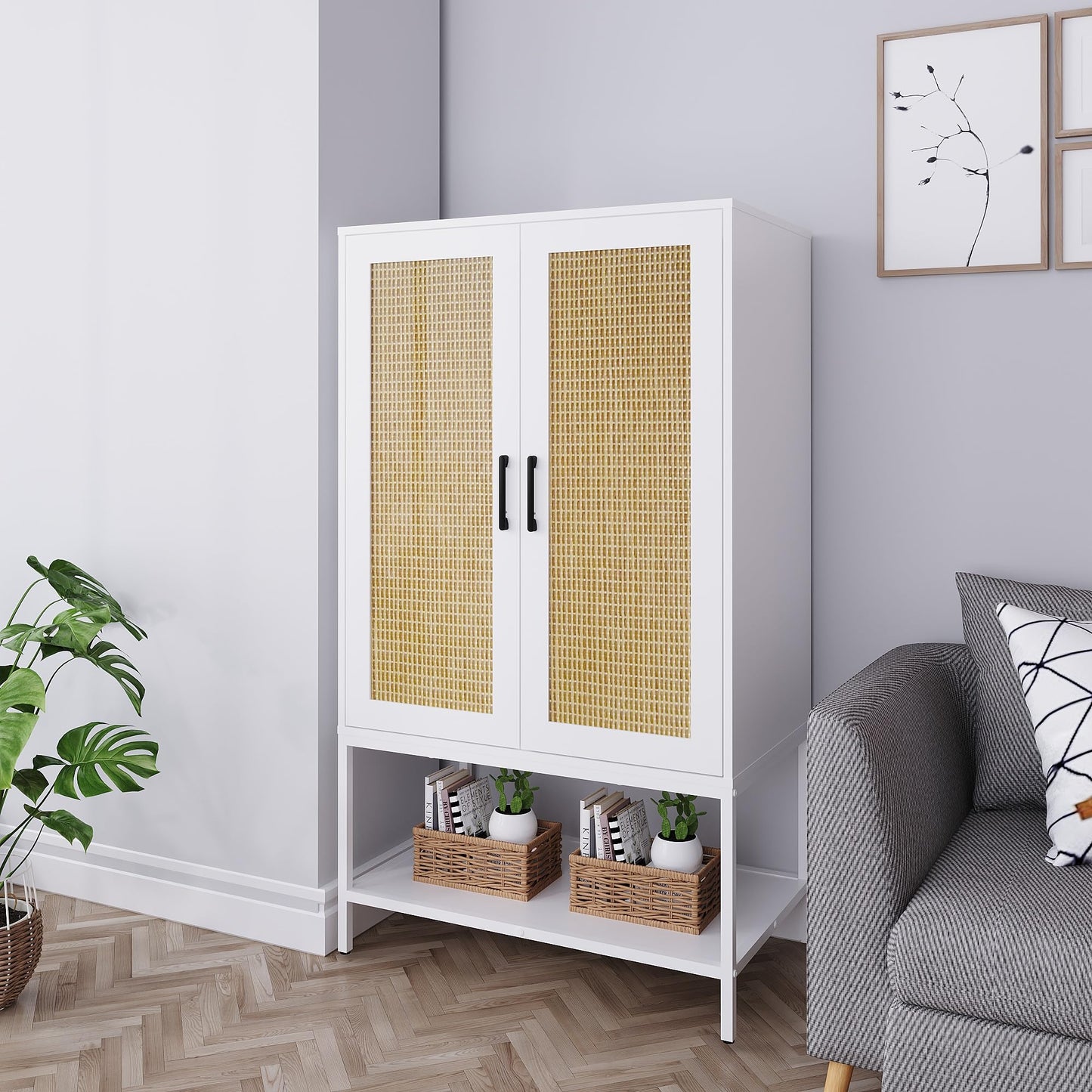 BOCVKENN Wardrobe Closet,Rattan Bedroom Armoires with 2 Doors,Wooden Wardrobe Cabinet with Shelves and Hanging Rod for Clothes,White
