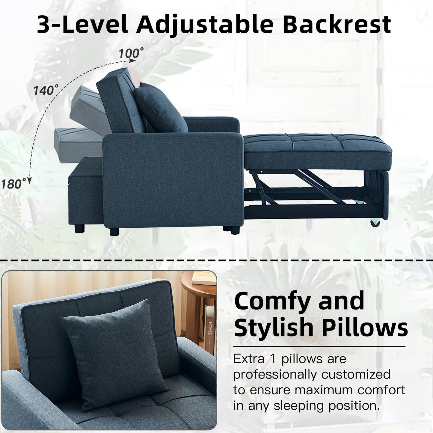 Yosonch Sofa Bed Chair Convertible ，Sleeper Sofa with Pull-Out Bed ，3-in-1 Futon Couch with Reclining Backrest and Side Pocket (Blue, 35.6‘)