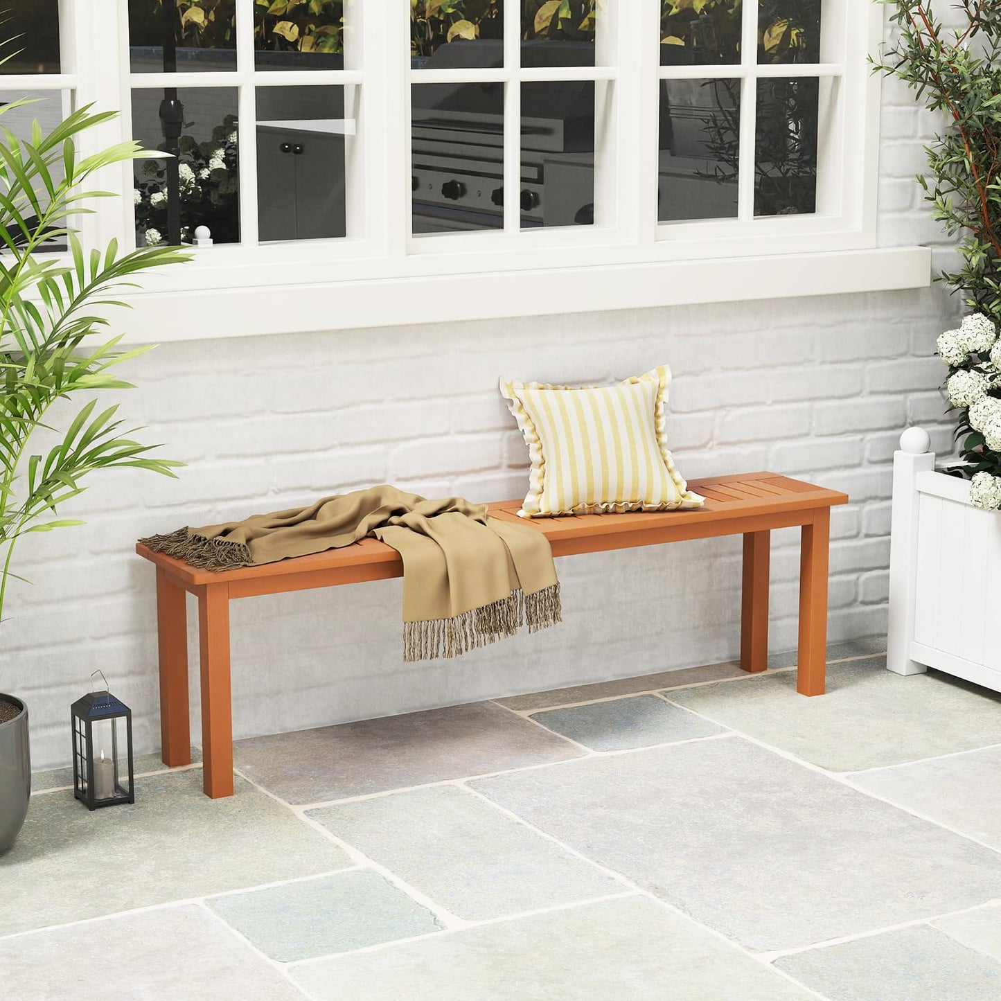 Tangkula Outdoor Wood Bench, 59” Long Patio Dining Bench Set of 2, Backless Wooden Bench with Teak Oil Finish & Slat Seat, Accent Entryway Bench, Farmhouse Bench for Yard, Garden, Porch, Indoors