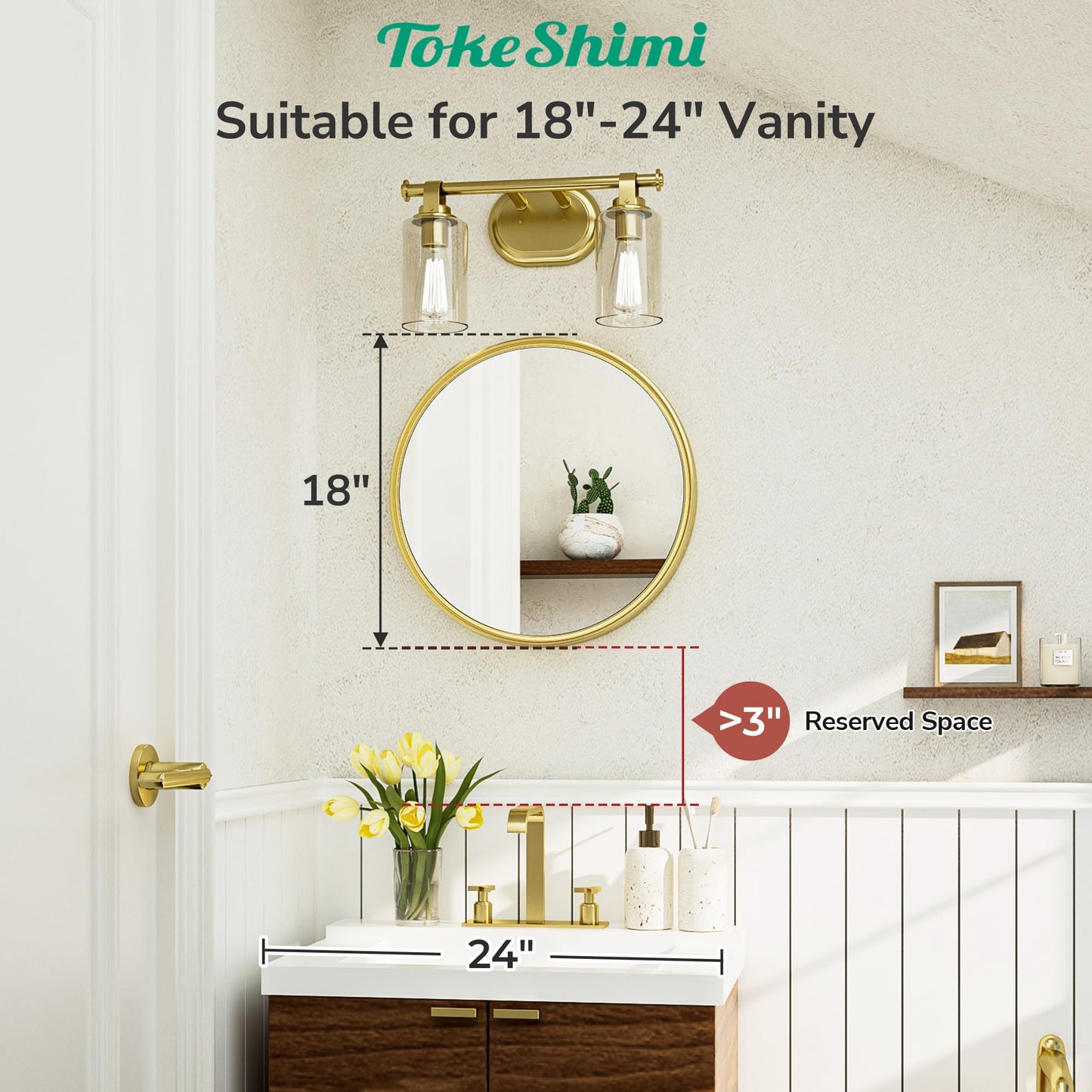 TokeShimi 18 in Brushed Gold Wall Mirror Framed Round Bathroom Mirror for Over Sink Shatterproof, 18 x 18 Farmhouse Mirror Circle Metal Wall Mirrored for Living Room, Entryway, Bedroom, Vanity