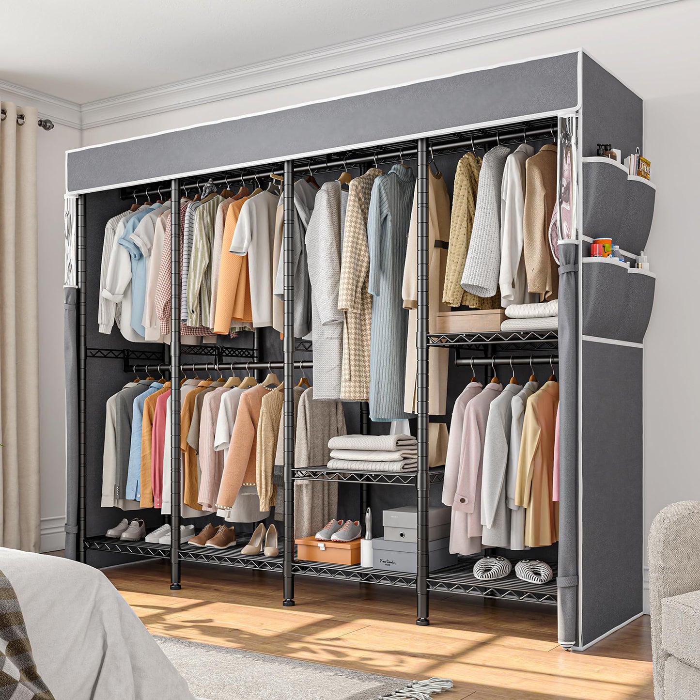 Raybee Clothes Rack with Cover, Metal Heavy Duty Clothing Rack for Hanging Clothes, Adjustable Wardrobe Closet Loads 1100 LBS,17.7" D x 75.8" W x 76.9" H,Black