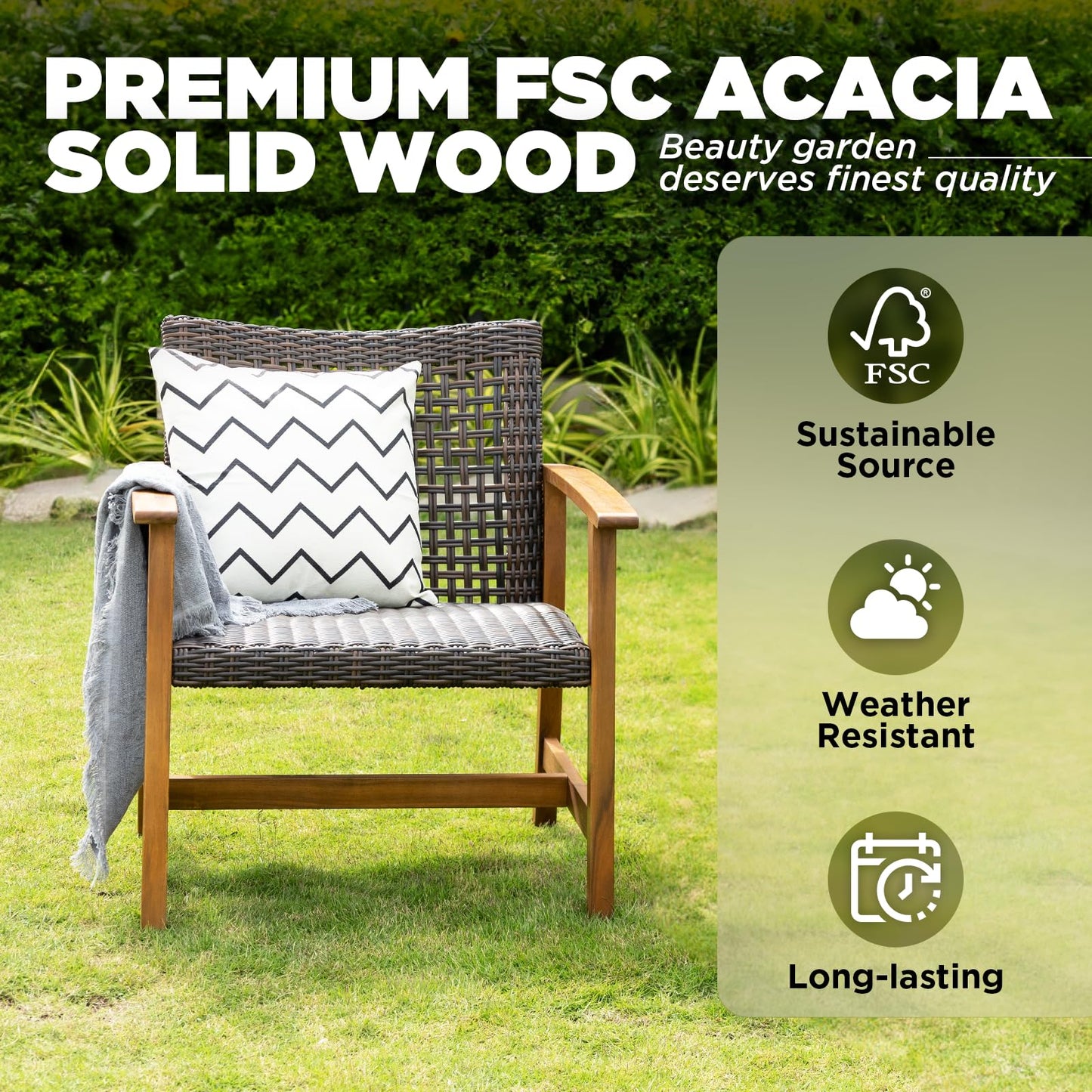IDZO Liberte 500lbs Capacity Acacia Outdoor Club Chairs Set of 2, FSC Teak Finish Wood Patio Furniture Sets with Upgraded 2000Hours UV Resistant Wicker