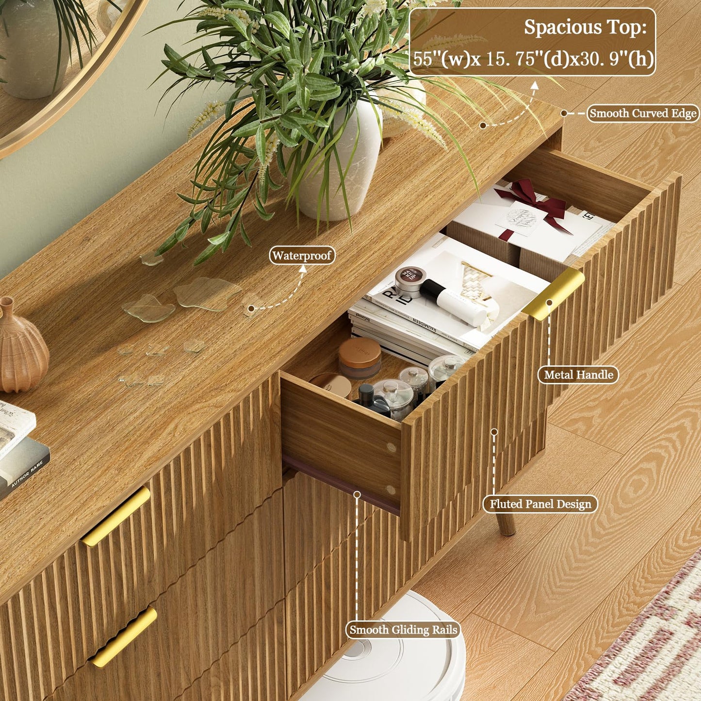 CARPETNAL Fluted 6 Double Drawers Dresser for Bedroom, 55”Wide Modern Chest of Drawers with Deep Drawers,Curved Profile Design, Wood Drawer Organizer for Bedroom Living Room, Hallway, Natural Oak