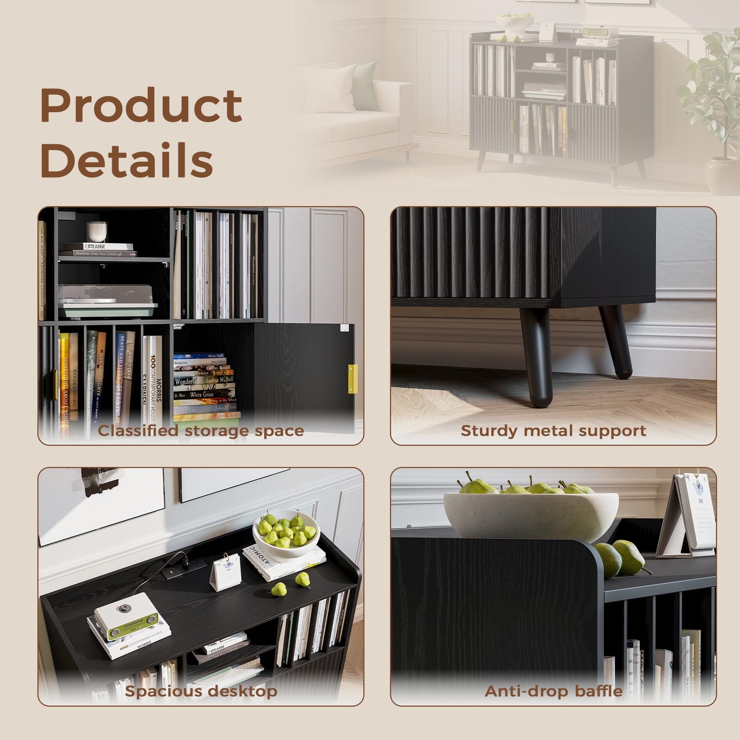 IRONCK Storage Shelf Bookcase, Bookshelf with Doors, Multifunctional Display Cabinet with Power Outlet, Suitable for Various Scenarios, Black