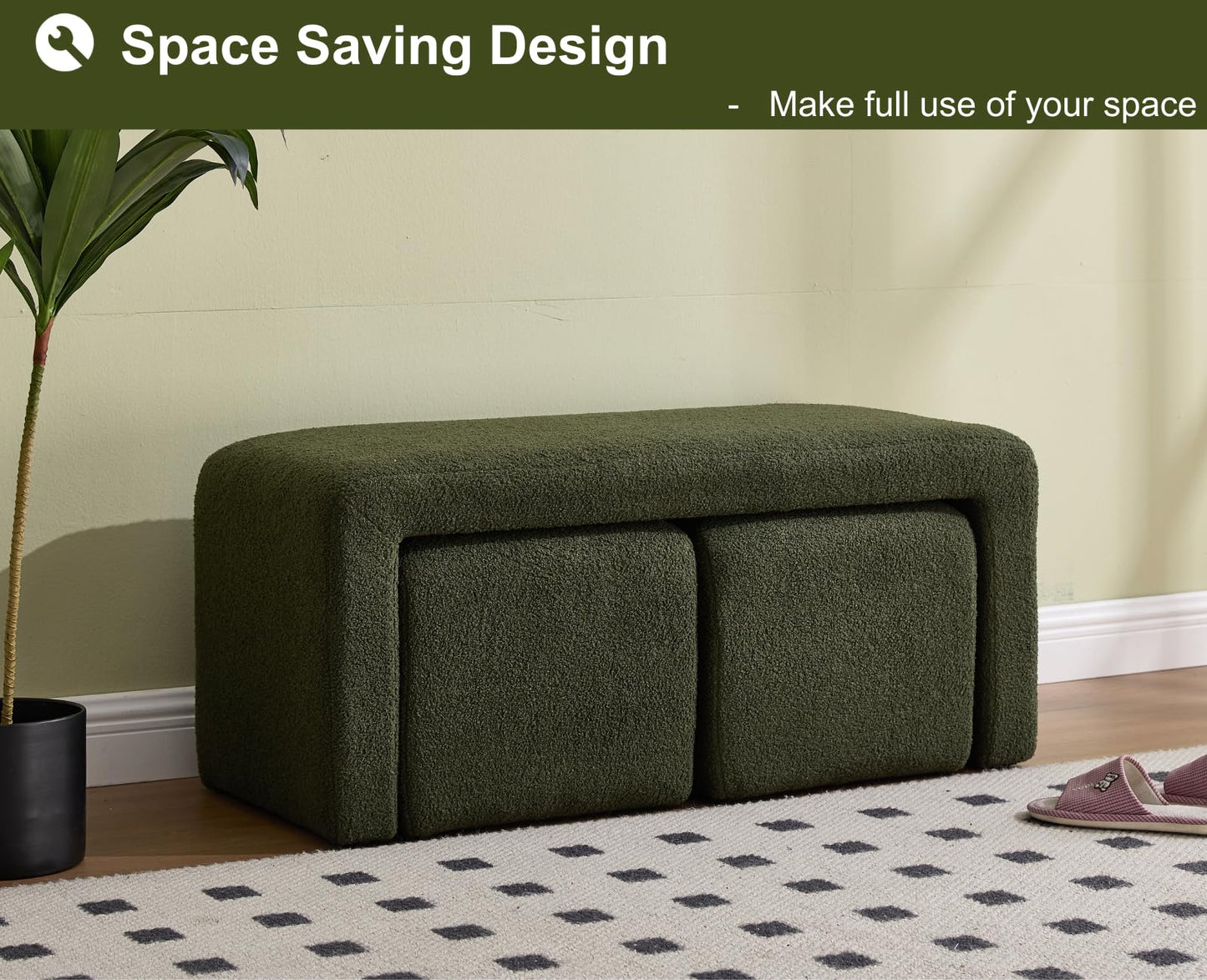 Shunzhi Modern Green Boucle Entryway Bench Set of 3 Nesting Upholstered Sherpa End of Bed Bench Rectangular Vanity Ottoman Bench with 2 Small Footrest Stool for Living Room/Bedroom/Hallway