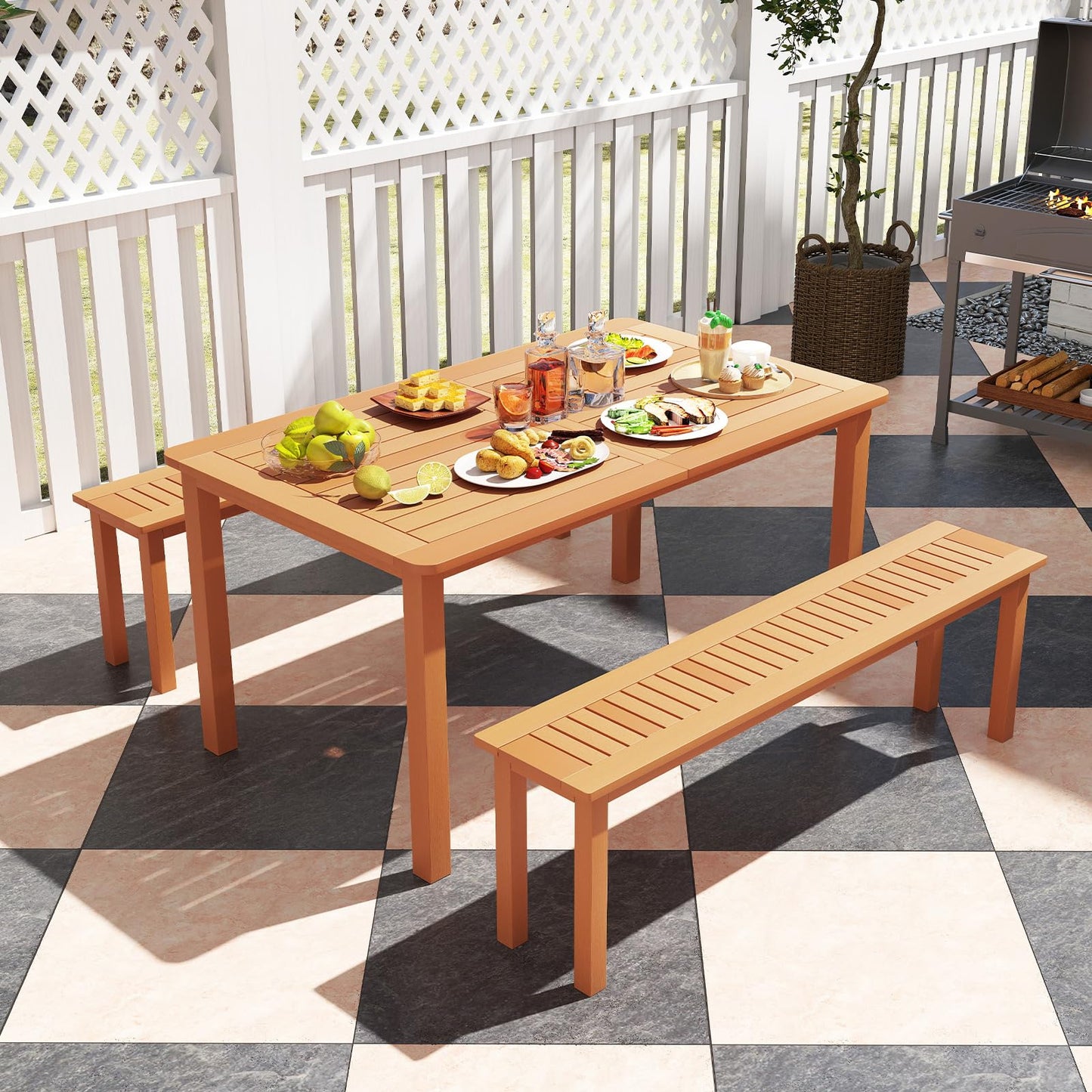Tangkula Outdoor Wood Bench, 59” Long Patio Dining Bench Set of 2, Backless Wooden Bench with Teak Oil Finish & Slat Seat, Accent Entryway Bench, Farmhouse Bench for Yard, Garden, Porch, Indoors