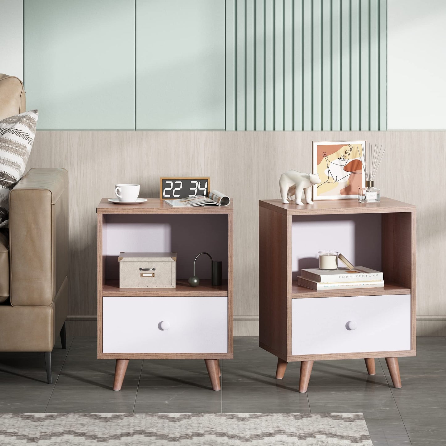 JAXPETY Set of 2 Modern Wood Nightstand, Bedside Table with Drawer, Bedside Furniture, Night Stand, End Table with Open Shelf and Solid Wood Legs for Home Bedroom, Brown