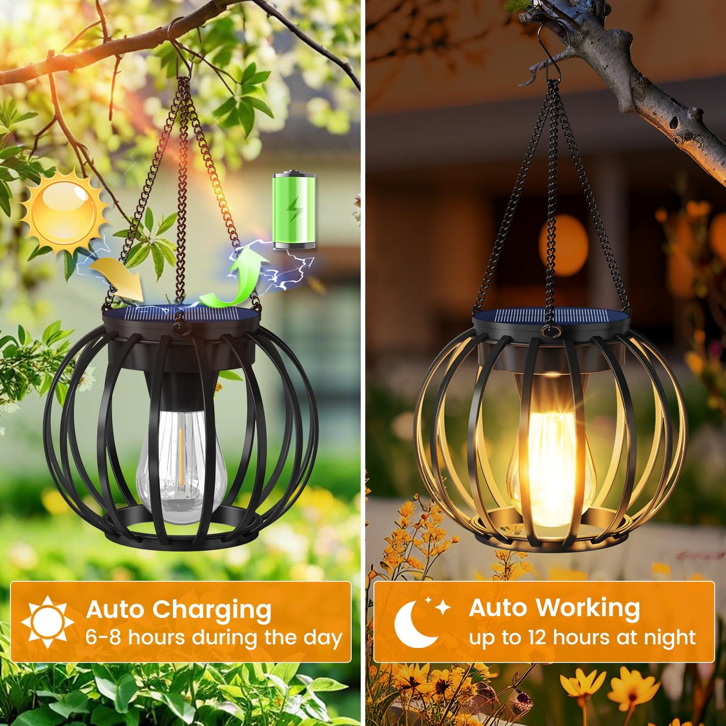 AOUNQ Solar Lanterns Outdoor Waterproof 4 Pack, Upgraded Metal Hanging Solar Lights for Outside with Auto On/Off & Hook - Brighter Hanging Outdoor Lanterns Decorative Lighting for Garden Patio Yard
