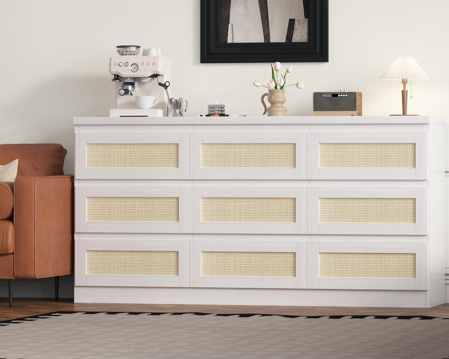 Hipicute Rattan Dresser for Bedroom, 9 Drawer Dresser with Charging Station, Farmhouse Wood Chest of Drawer with Strong Base, Storage Organizer for Living Room, Hallway, White