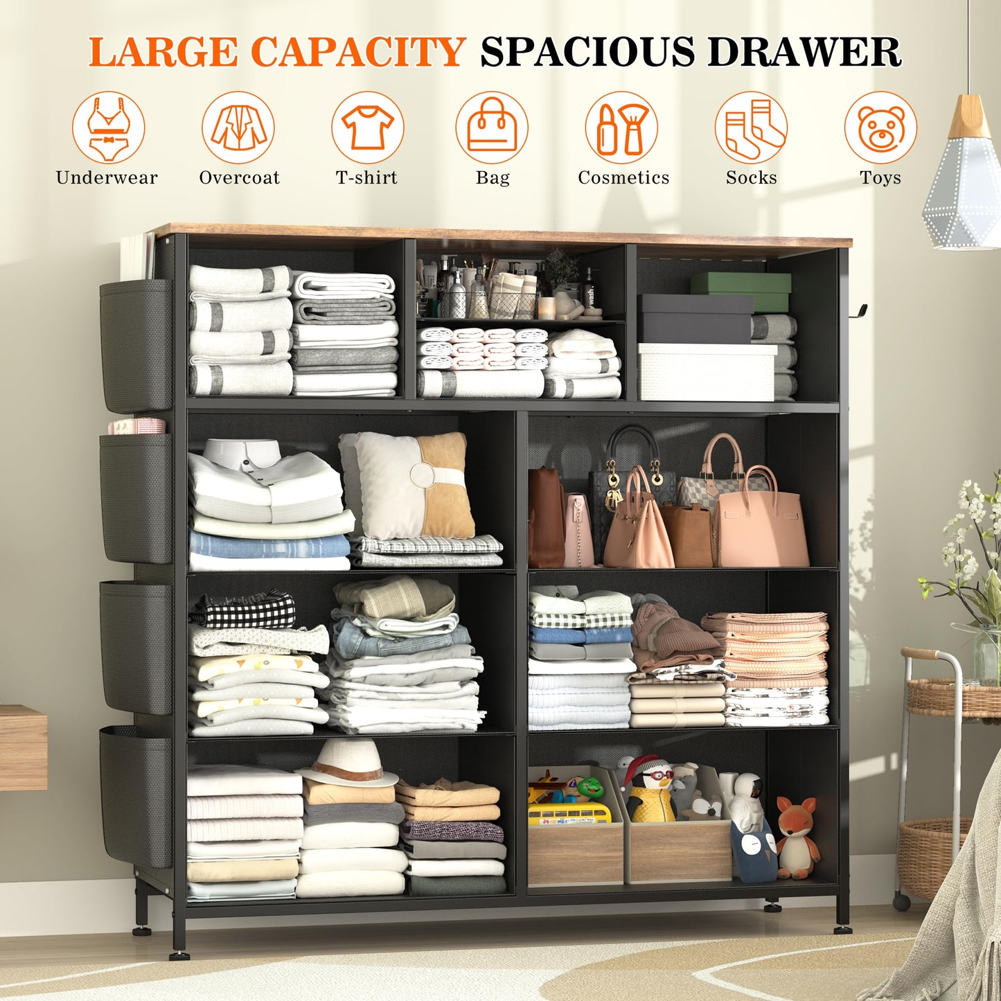 Lulive Dresser for Bedroom with 10 Drawers, Chest of Drawers with Side Pockets and Hooks, Fabric Storage Organizer Unit for Living Room, Hallway, Closet (Rustic Brown)
