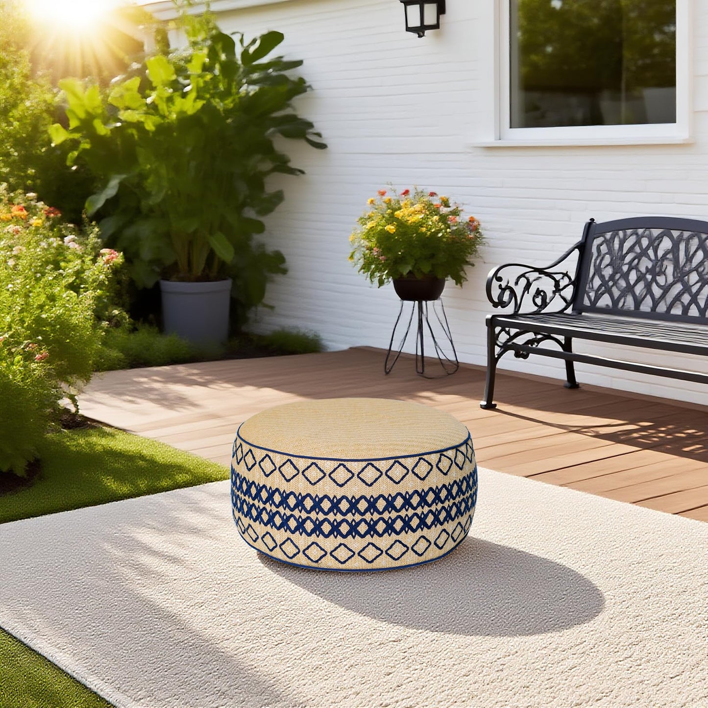 GLADTRAX Outdoor Inflatable Ottoman with Air Pump, Embroidery Patio Footrest Stool D21”x H9”, Round Pouf Ottoman with Portable Handle Suitable for Garden, Camping, Bedroom, Living Room